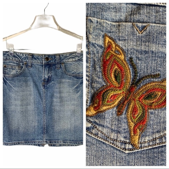 Light Wash Denim Skirt With Embroidered Butterfly - Picture 1 of 10